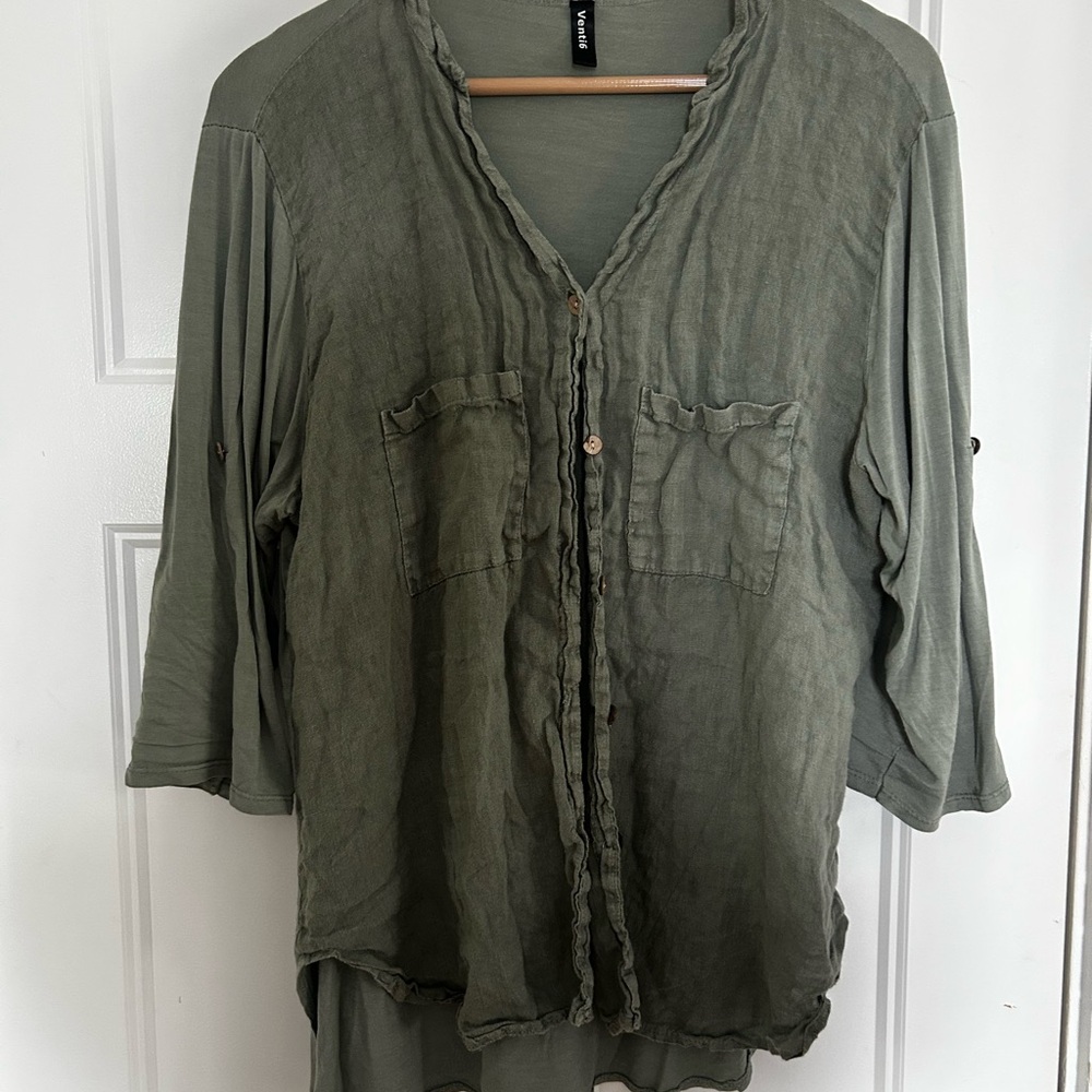 Casual Olive Green Button-Up Top